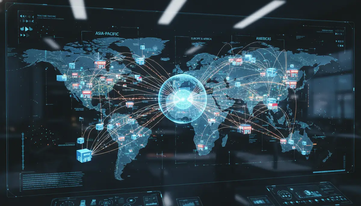 A complex supply chain network visualized with interconnected nodes, representing warehouses, stores, and delivery routes.