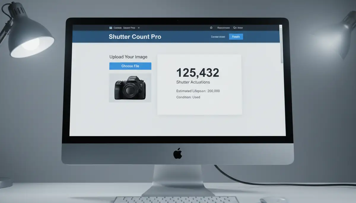 A computer screen showing an online shutter count checker website with an uploaded camera image, displaying the shutter count result., high-quality photography, professional lighting, sharp focus, realistic, detailed