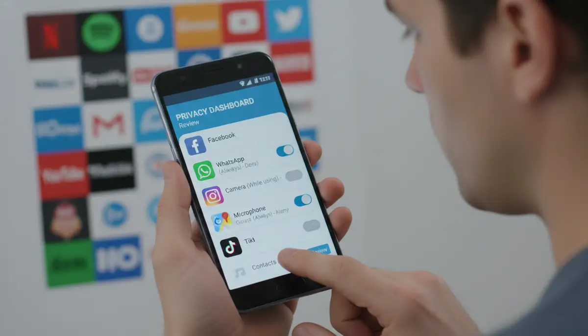 A concept image of a user thoughtfully reviewing app permissions on their Android device, with various app icons in the background., high-quality photography, professional lighting, sharp focus, realistic, detailed