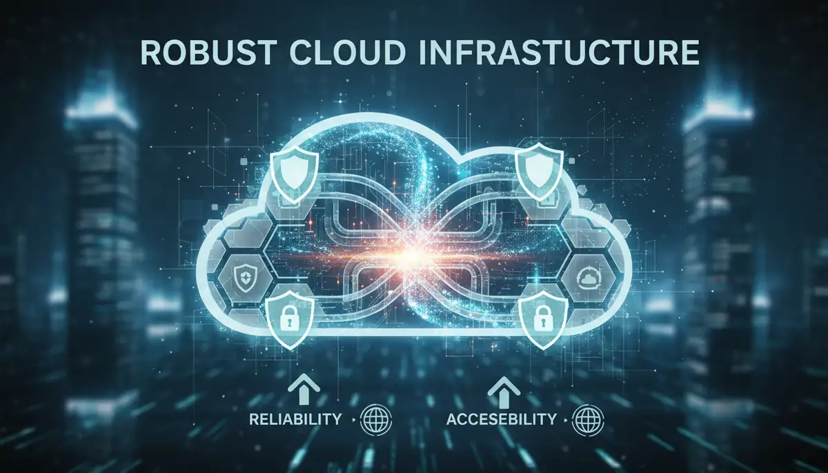 A conceptual image illustrating data flow and security measures within a robust cloud infrastructure, emphasizing reliability and accessibility.