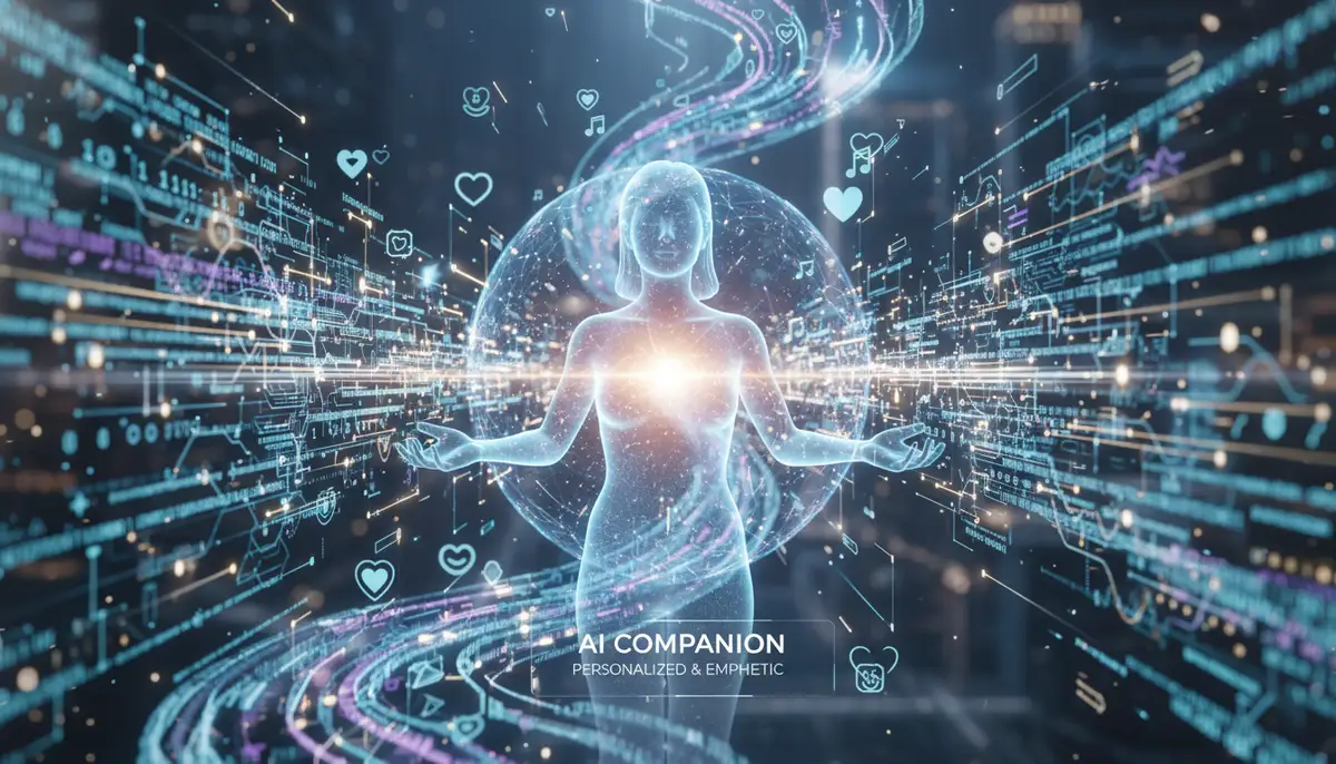 A conceptual image of data flowing and AI algorithms creating a personalized, empathetic digital companion, representing the technology behind an AI GF app., high-quality photography, professional lighting, sharp focus, realistic, detailed