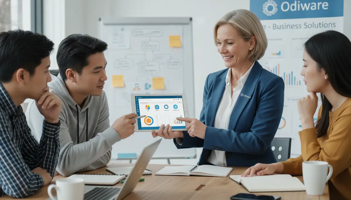 A consultant from Odiware (depicted as a professional, friendly individual) guiding a small business team through an Odoo ERP dashboard on a tablet, emphasizing collaborative training and support.