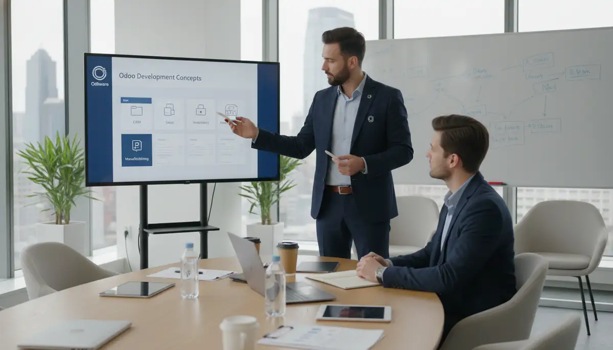 A consultant from Odiware explaining Odoo development concepts to a client, using a presentation screen with Odoo interface mockups. Collaborative meeting environment.