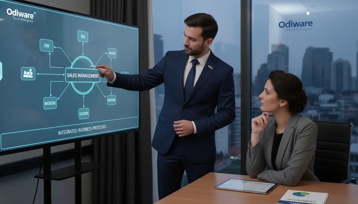 A consultant from Odiware Technologies discussing Odoo's sales management capabilities with a client, pointing to a diagram of integrated business processes.
