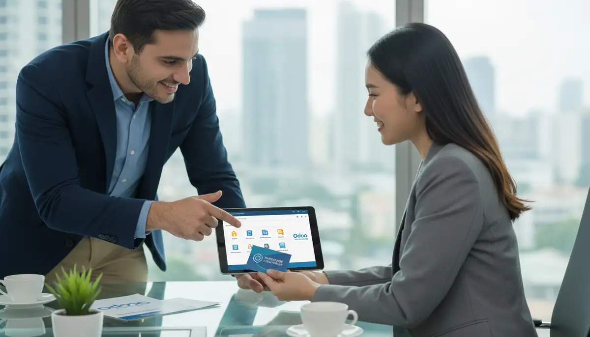 A consultant from Odiware Technologies engaging with a client, pointing to a tablet displaying Odoo ERP interface, emphasizing partnership and expert guidance.
