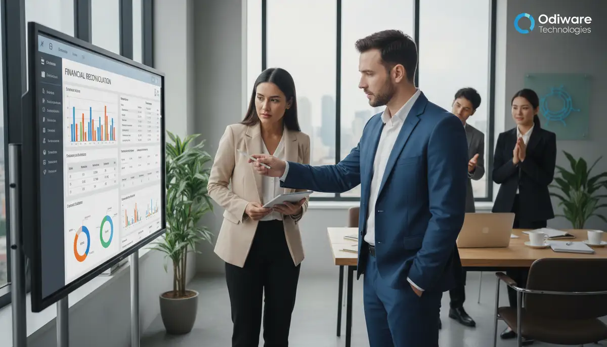 A consultant from Odiware Technologies guiding a client through complex financial reconciliation processes in Odoo, using a modern office setting.