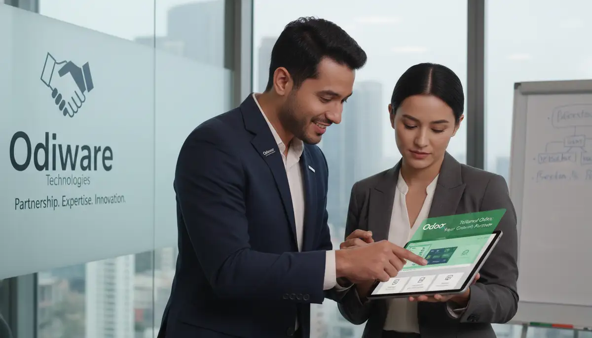 A consultant from Odiware Technologies guiding a client through tailored Odoo features on a tablet, emphasizing partnership and expert advice.