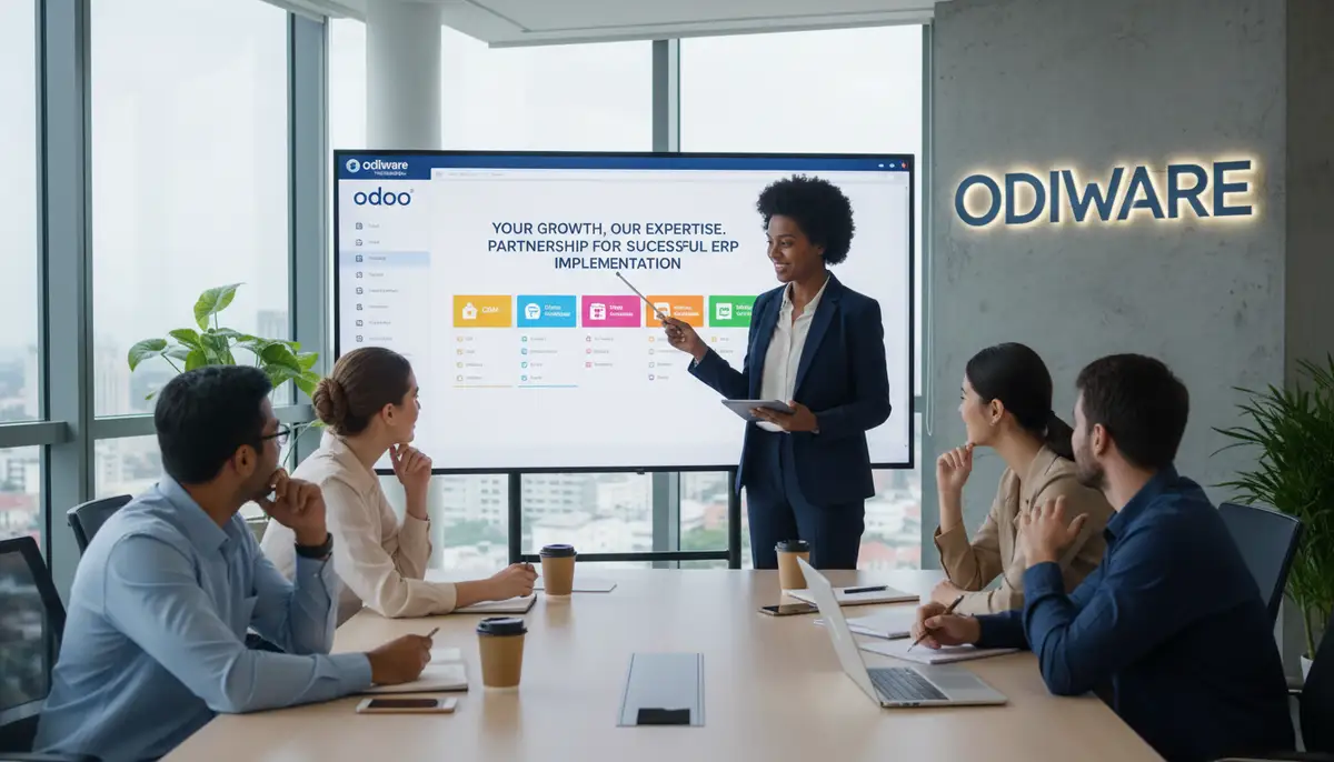 A consultant from Odiware Technologies guiding a startup team through an Odoo interface on a large screen, emphasizing partnership and expert support for ERP implementation.