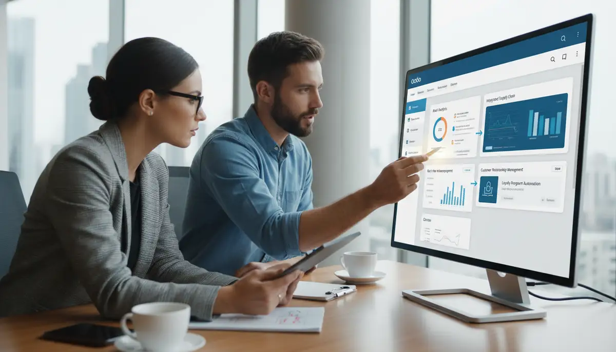 A consultant guiding a business owner through Odoo's interface, highlighting key features and custom modules relevant to their industry.