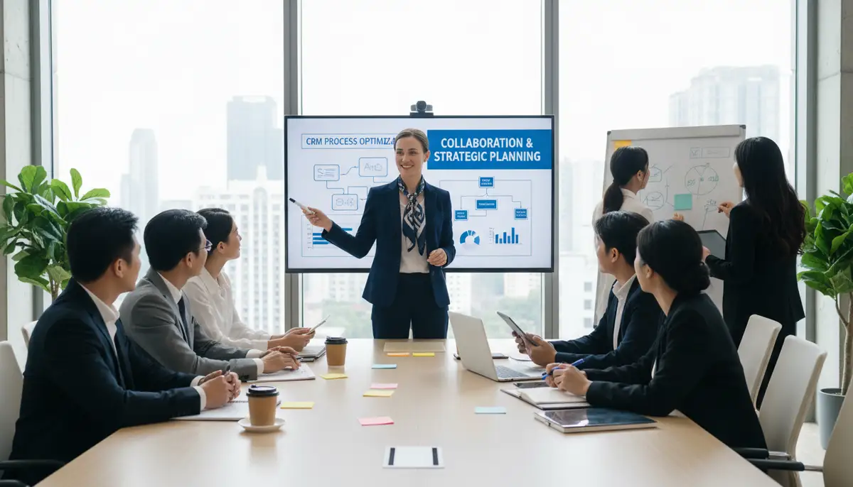 A consultant guiding a group of business stakeholders through a workshop on optimizing CRM processes, emphasizing collaboration and strategic planning.