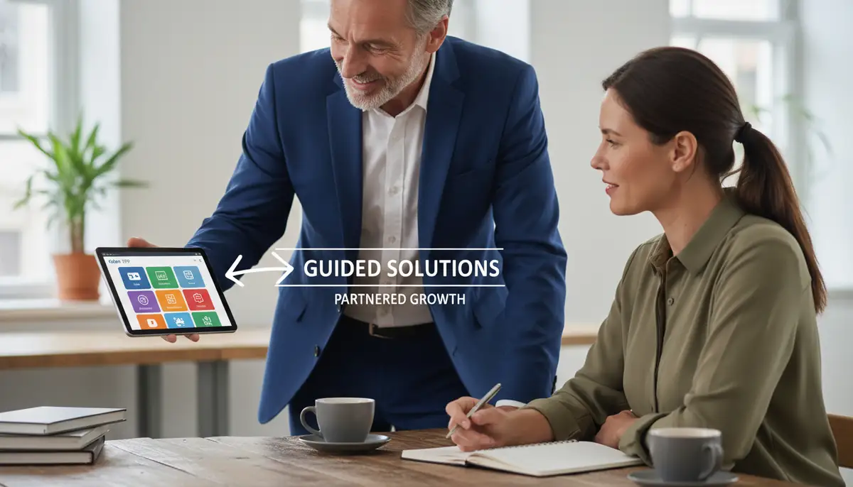 A consultant guiding a small business owner through Odoo features on a tablet, emphasizing partnership and expert advice rather than DIY solutions.
