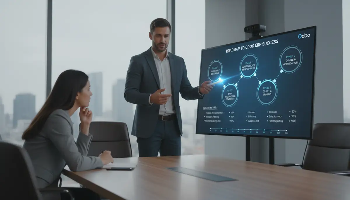 A consultant presenting a clear, strategic plan to a small business owner, showing a roadmap for Odoo ERP implementation with milestones and success metrics.