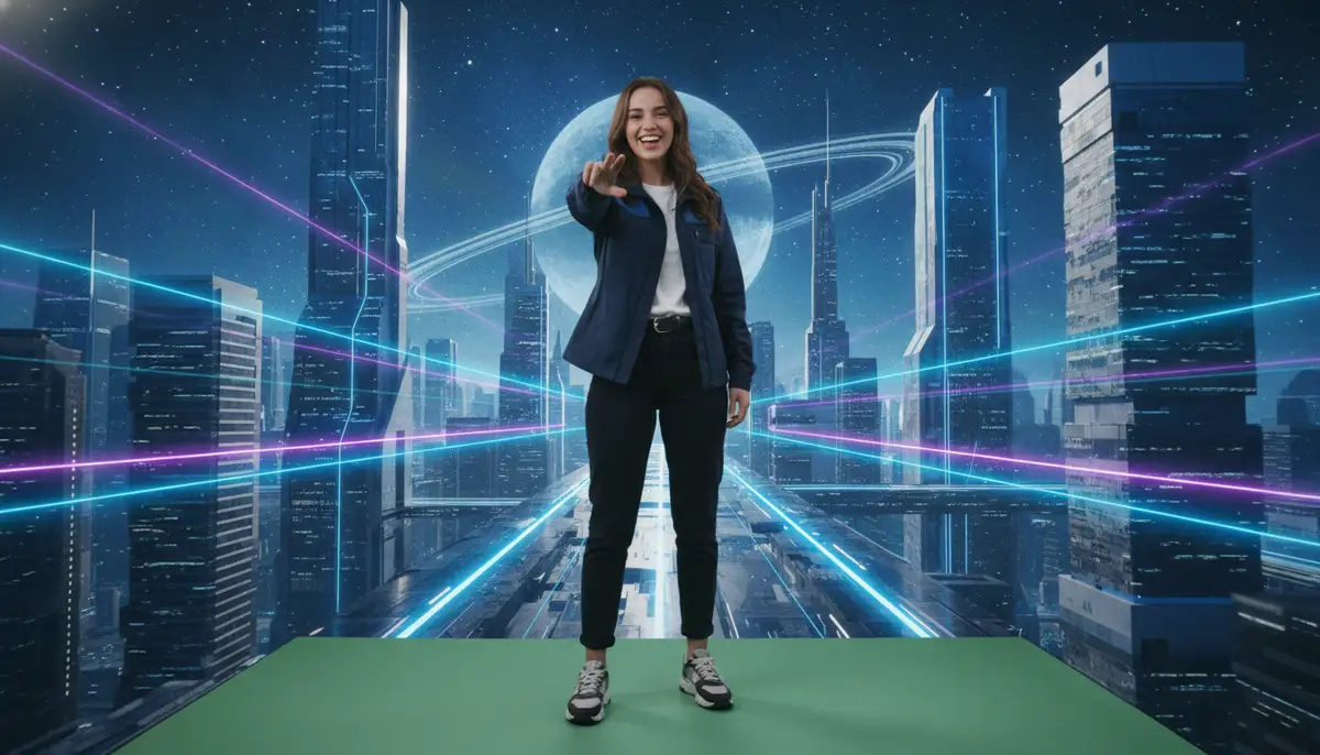 A content creator enthusiastically presenting in front of a chroma key background green screen, with a dynamic, futuristic virtual background composited behind them., high-quality photography, professional lighting, sharp focus, realistic, detailed
