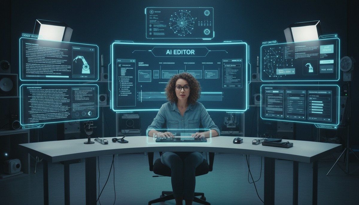 A content creator surrounded by various screens, with an AI editor seamlessly handling tasks like scriptwriting, video cutting, and social media post generation.
