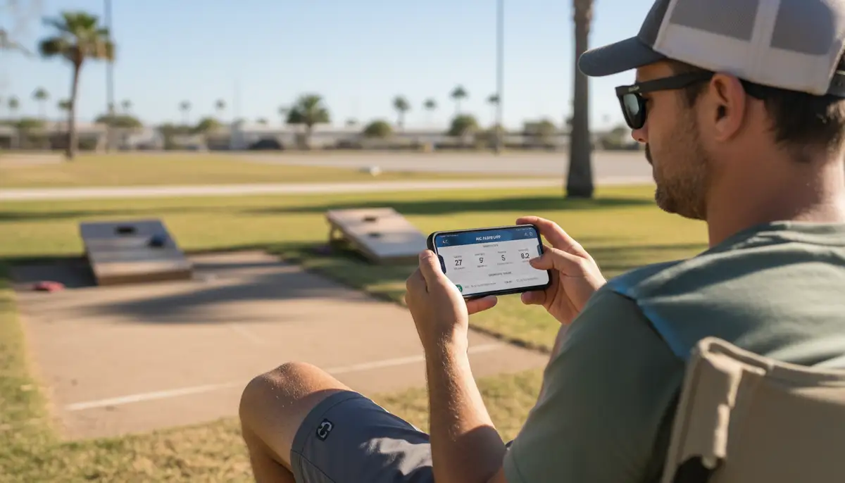 A cornhole player looking at their phone, displaying the ACL Player App interface with game stats and upcoming events, on a sunny outdoor cornhole court., high-quality photography, professional lighting, sharp focus, realistic, detailed