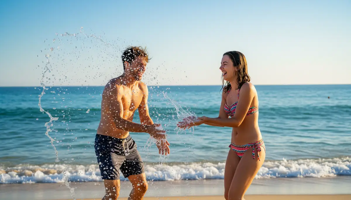 A couple playfully splashing water at each other on a sunny beach, captured mid-action with clear blue sky and ocean., high-quality photography, professional lighting, sharp focus, realistic, detailed