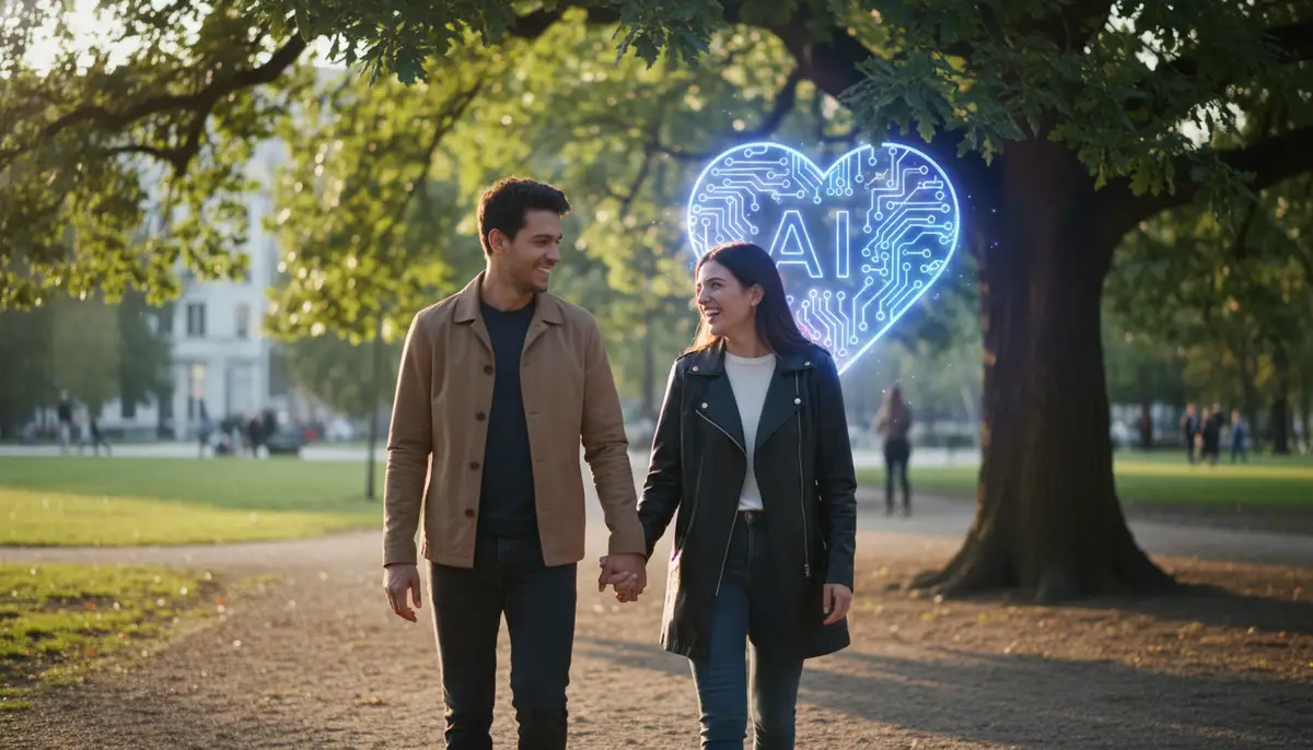 A couple walking hand-in-hand in a park, with a subtle, glowing AI interface icon in the background, symbolizing their connection facilitated by technology., high-quality photography, professional lighting, sharp focus, realistic, detailed