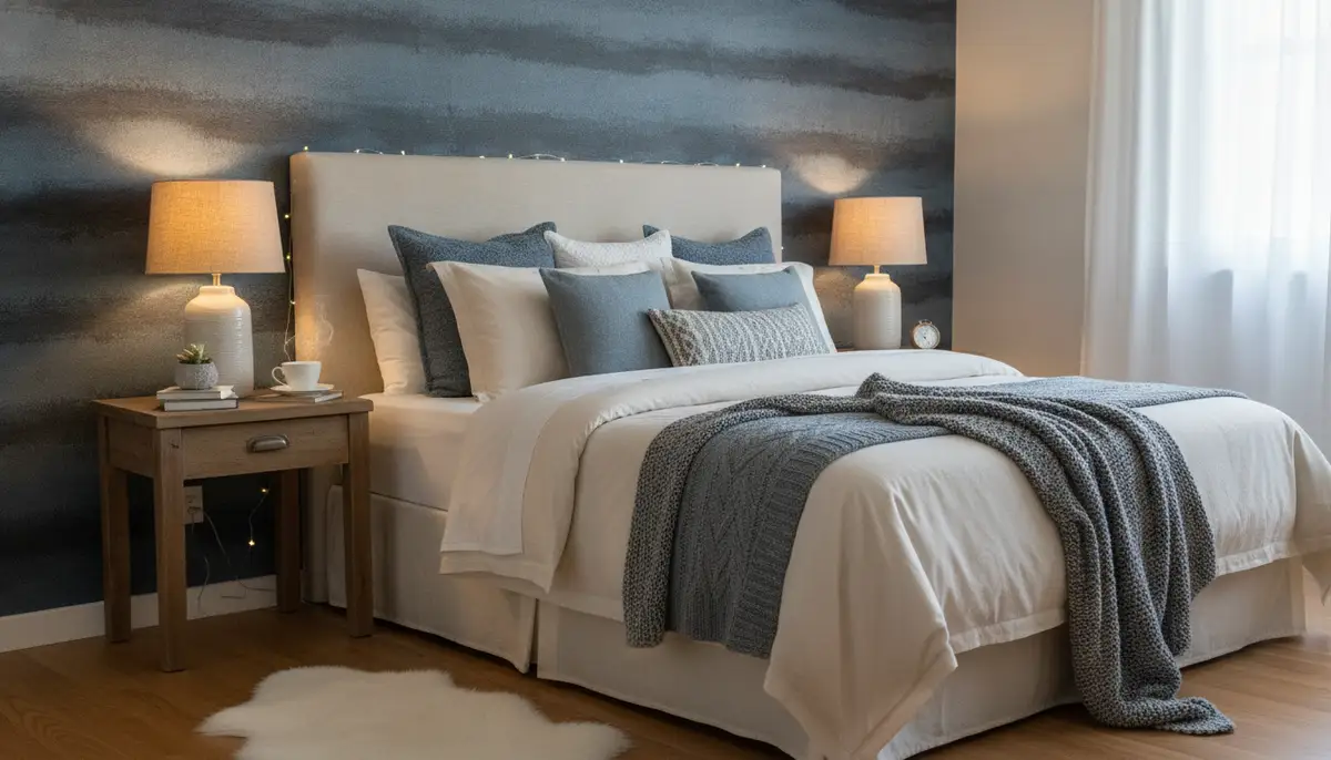 A cozy bedroom showcasing a textured blue and gray wallpaper behind the headboard, with soft lighting and plush textiles creating a serene atmosphere., high-quality photography, professional lighting, sharp focus, realistic, detailed