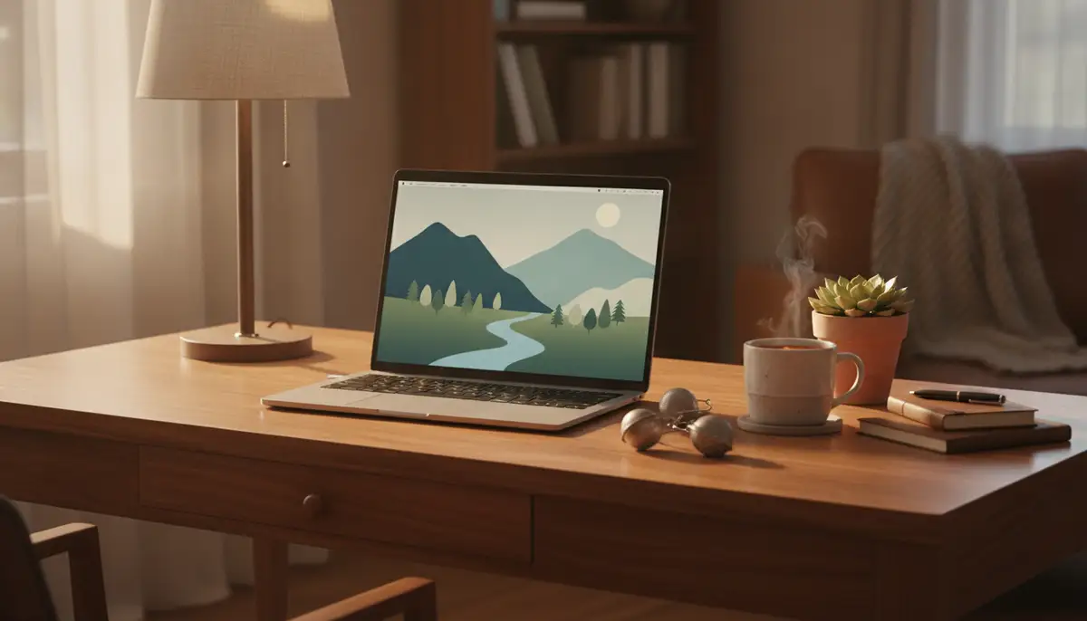 A cozy desk setup with a laptop showing a cute minimalist nature wallpaper, a cup of tea, and a small potted plant, bathed in warm, soft light., high-quality photography, professional lighting, sharp focus, realistic, detailed