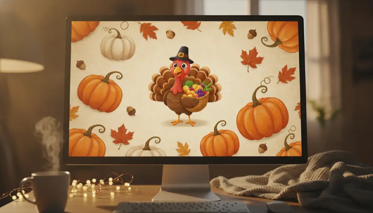 A cozy desktop screen displaying a cute Thanksgiving wallpaper background with whimsical pumpkins, autumn leaves, and a friendly turkey character, bathed in warm, soft lighting., high-quality photography, professional lighting, sharp focus, realistic, detailed