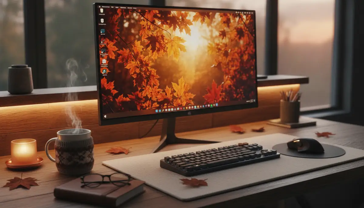 A cozy desktop setup featuring a vibrant fall foliage wallpaper, a warm mug, and soft ambient lighting., high-quality photography, professional lighting, sharp focus, realistic, detailed