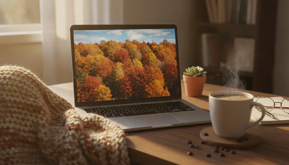 A cozy desktop setup with a laptop displaying vibrant fall foliage as the background, a warm cup of coffee, and a soft blanket, bathed in natural light., high-quality photography, professional lighting, sharp focus, realistic, detailed
