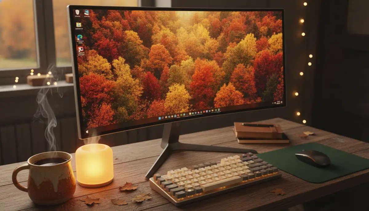 A cozy desktop setup with a monitor displaying vibrant fall foliage as a wallpaper, a warm cup of coffee, and soft lighting., high-quality photography, professional lighting, sharp focus, realistic, detailed