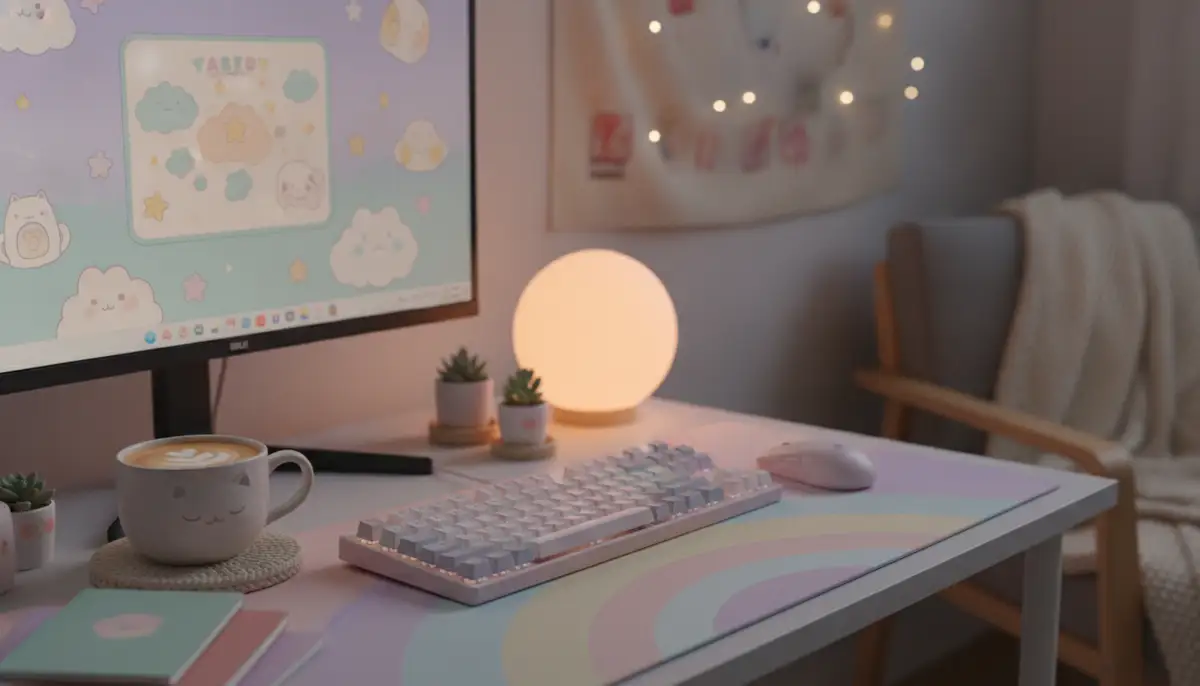 A cozy desktop setup with a pastel-themed cute wallpaper, featuring a warm drink and soft lighting, for a 2025 aesthetic., high-quality photography, professional lighting, sharp focus, realistic, detailed