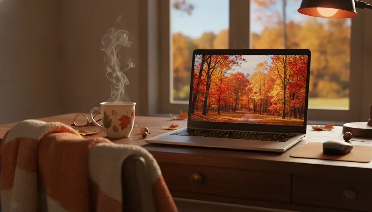 A cozy desktop setup with a vibrant fall foliage background, a steaming mug, and a laptop displaying the same theme., high-quality photography, professional lighting, sharp focus, realistic, detailed
