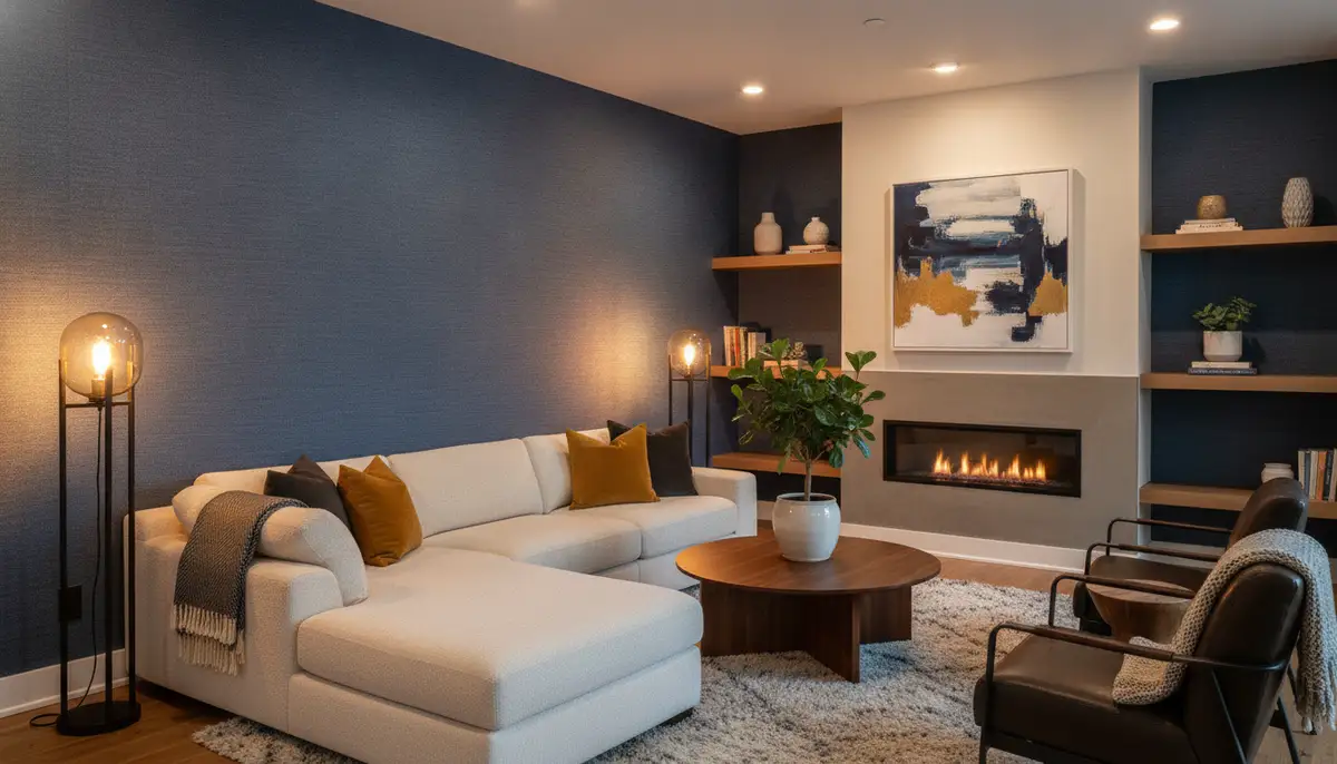 A cozy living room featuring a dark blue textured wallpaper wall, with warm lighting and comfortable furniture, in a modern style., high-quality photography, professional lighting, sharp focus, realistic, detailed