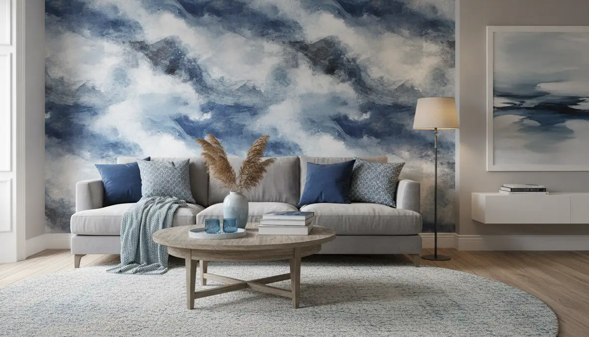 A cozy living room featuring a feature wall with abstract blue and grey wallpaper, a comfortable grey sofa, and subtle blue accents in cushions and decor, bathed in soft natural light., high-quality photography, professional lighting, sharp focus, realistic, detailed