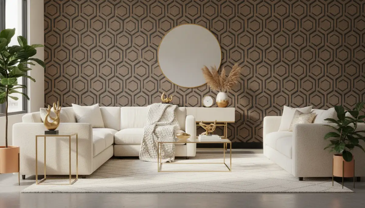 A cozy living room featuring a feature wall with subtle brown and black geometric wallpaper, accented with cream furniture and metallic gold decor, bathed in soft natural light., high-quality photography, professional lighting, sharp focus, realistic, detailed