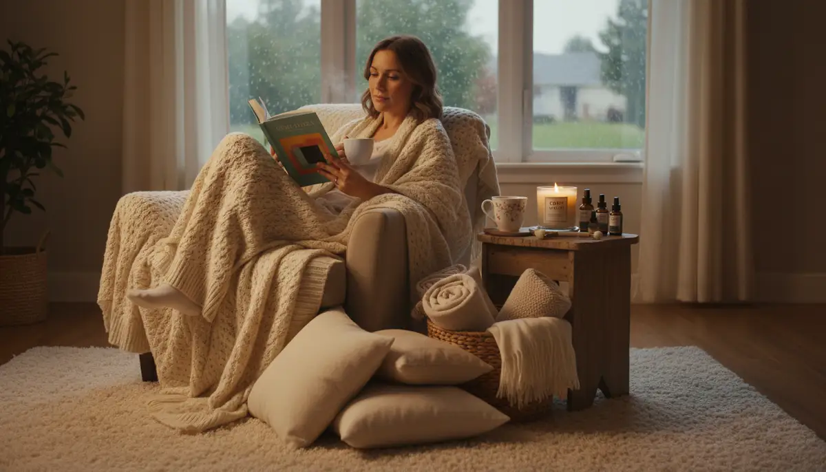 A cozy living room scene with a mother relaxing with a cup of tea and a book, surrounded by soft blankets and a scented candle, representing self-care gifts., high-quality photography, professional lighting, sharp focus, realistic, detailed