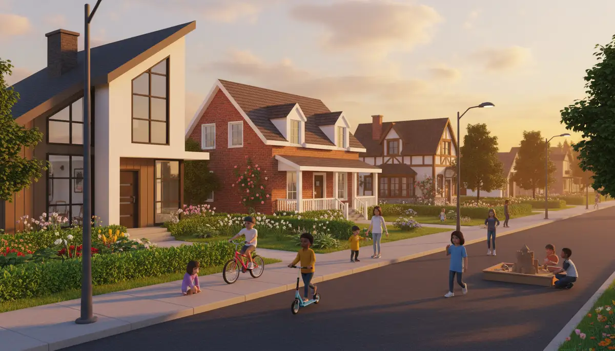 A cozy, suburban Bloxburg neighborhood at sunset, featuring diverse house styles, well-maintained gardens, and children playing., high-quality photography, professional lighting, sharp focus, realistic, detailed