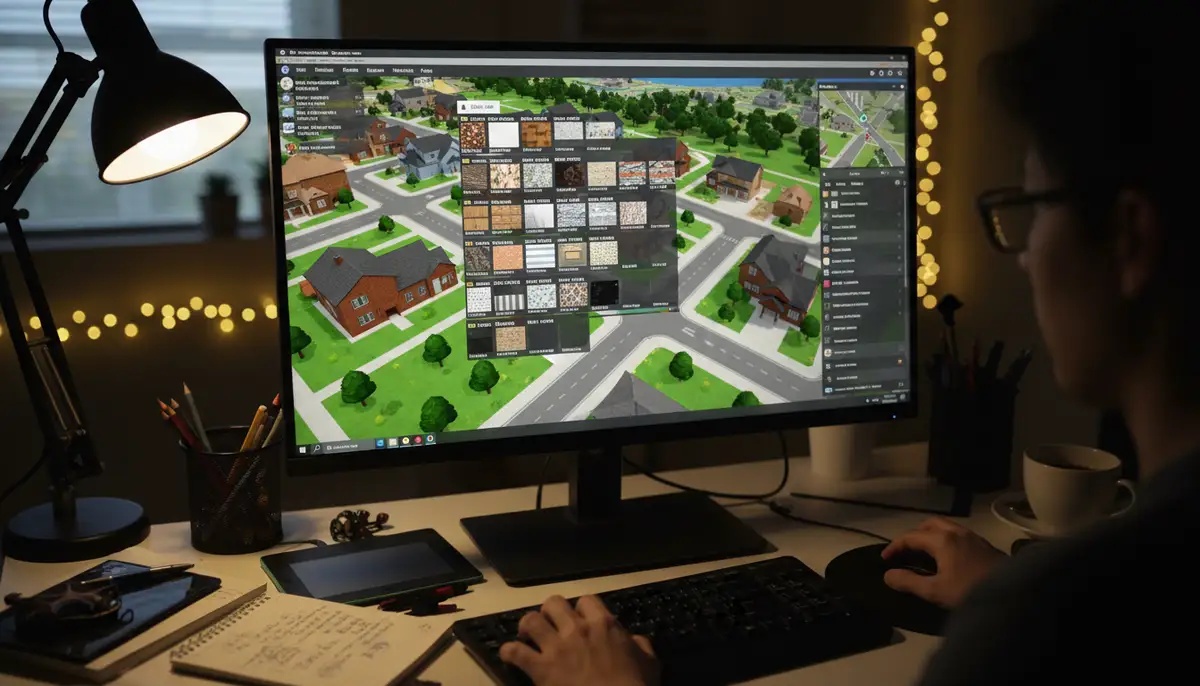 A creative Bloxburg player customizing their in-game neighborhood on a computer screen, with various decal codes and design elements visible., high-quality photography, professional lighting, sharp focus, realistic, detailed