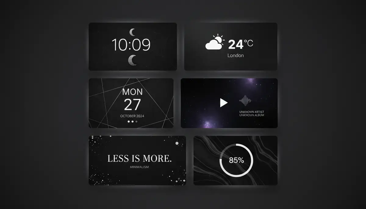 A creative collage of different black aesthetic widget pictures ideas, featuring abstract shapes, subtle textures, and elegant typography, suitable for both iOS and Android., high-quality photography, professional lighting, sharp focus, realistic, detailed