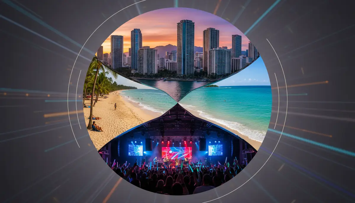A creative collage of various 360-degree photos taken with an Android app, showcasing diverse environments like a city skyline, a beach, and an indoor event, all seamlessly stitched together., high-quality photography, professional lighting, sharp focus, realistic, detailed