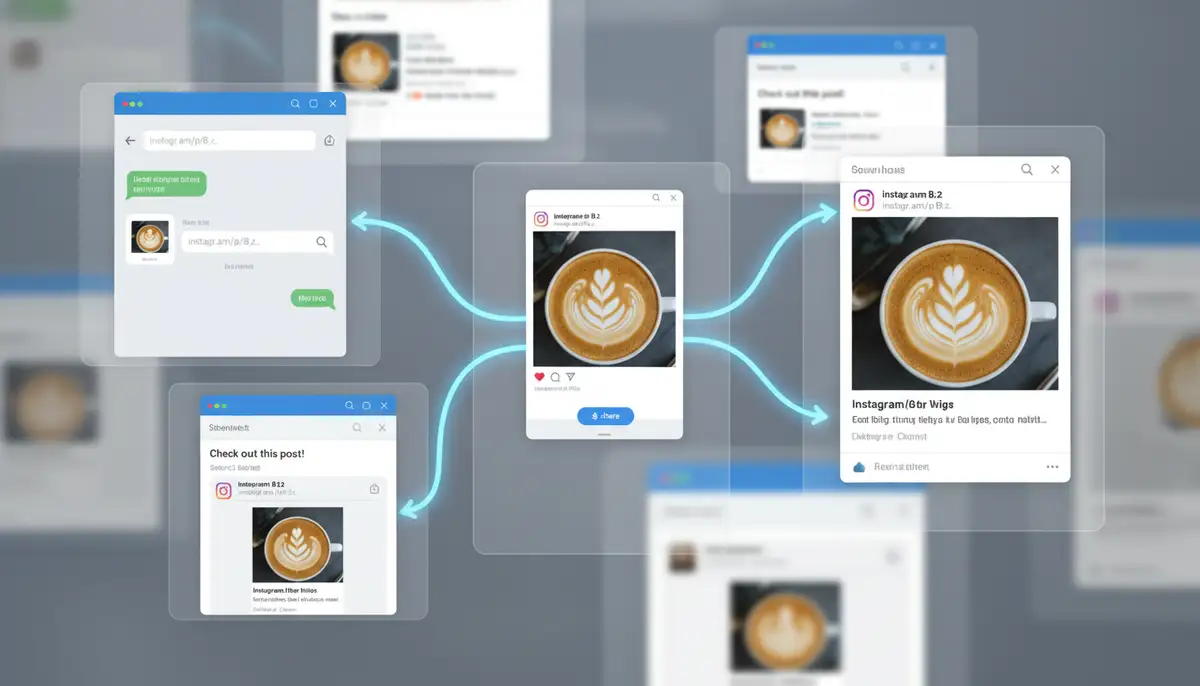 A creative collage of various apps and platforms (messaging, email, other social media) with Instagram post links being pasted into them, symbolizing seamless sharing., high-quality photography, professional lighting, sharp focus, realistic, detailed