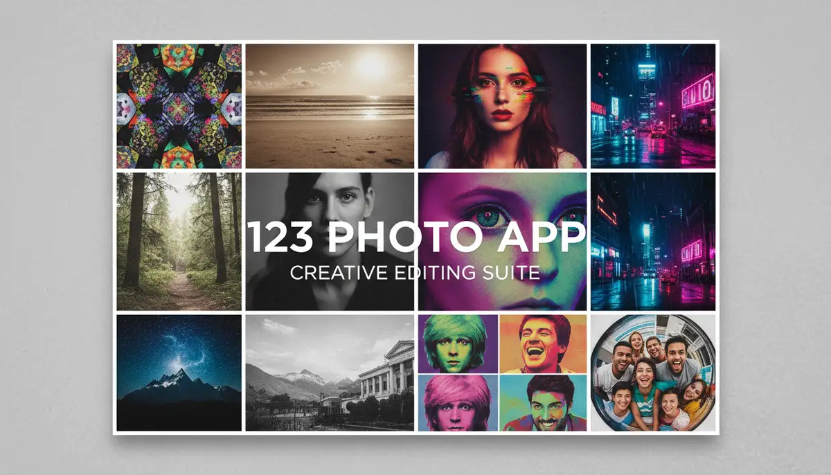 A creative collage of various photo effects and filters applied to different images, demonstrating the versatility of the 123 photo app's editing suite., high-quality photography, professional lighting, sharp focus, realistic, detailed
