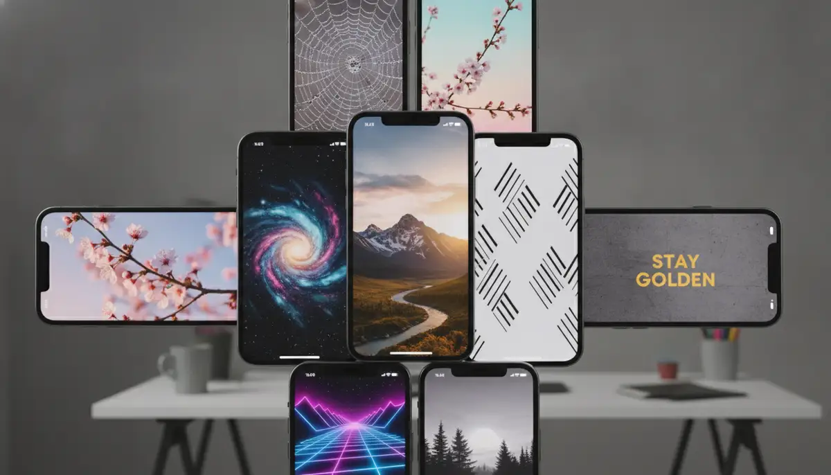 A creative collage of various stunning iphone lock screen background options, including abstract art, nature scenes, and minimalist designs, displayed on multiple iPhone screens., high-quality photography, professional lighting, sharp focus, realistic, detailed