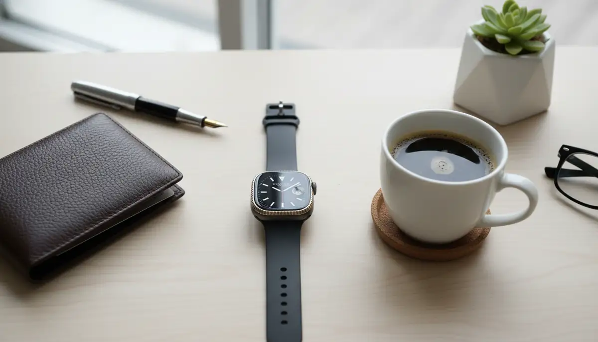 A creative flat lay of an Apple Watch with a Datejust-inspired face, surrounded by elements of luxury like a leather wallet, a stylish pen, and a cup of coffee, on a modern desk., high-quality photography, professional lighting, sharp focus, realistic, detailed