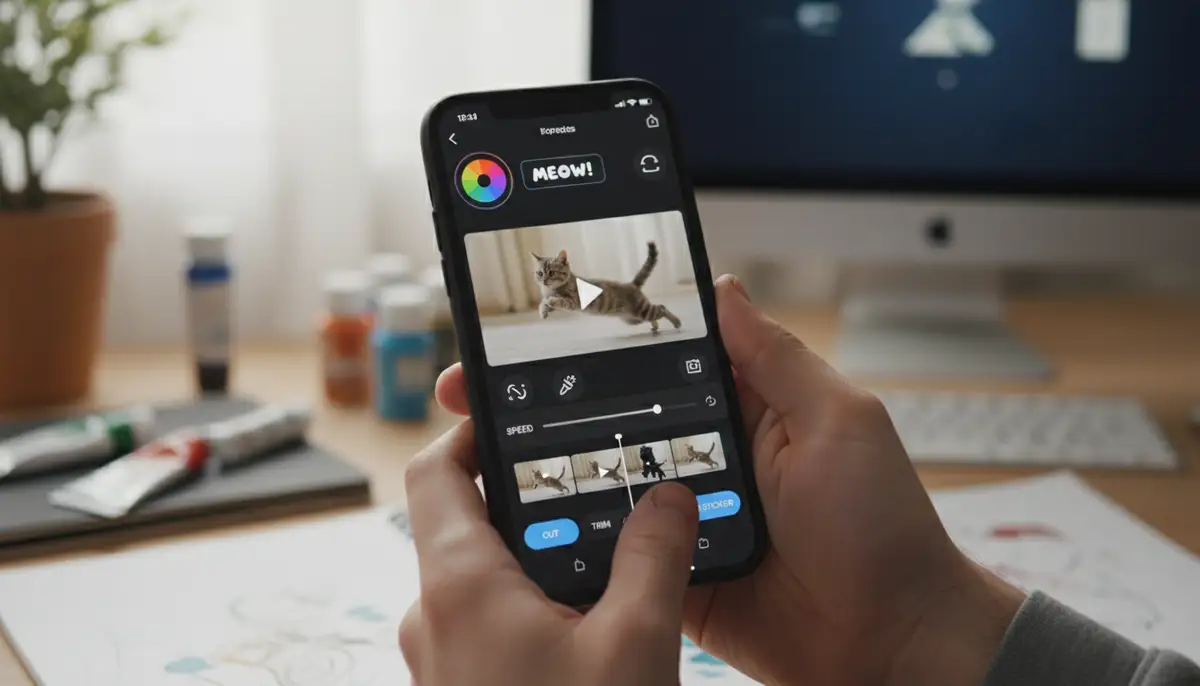 A creative person using a mobile app to design a custom GIF from a short video clip, with various editing tools visible on the screen, vibrant and artistic., high-quality photography, professional lighting, sharp focus, realistic, detailed