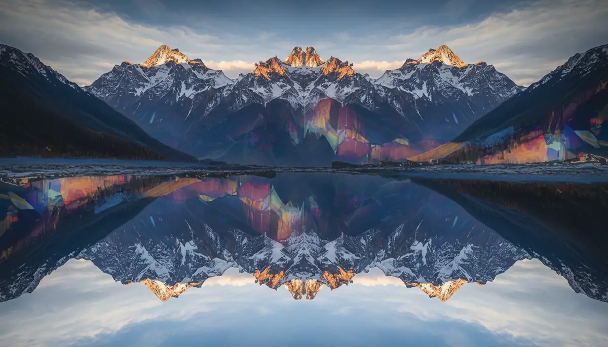 A creative photo showing a reflection effect created by flipping an image, with a modern, artistic touch, perhaps a landscape reflected in water., high-quality photography, professional lighting, sharp focus, realistic, detailed