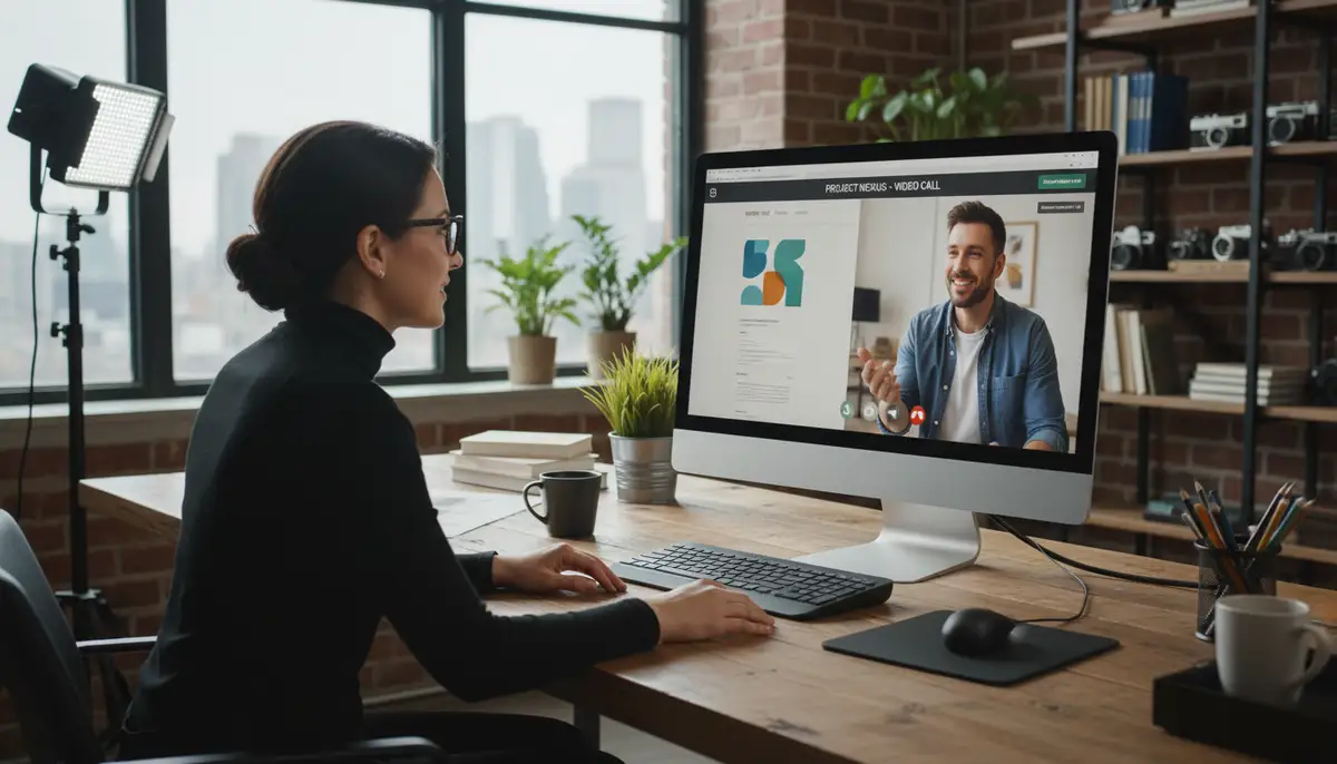 A creative professional collaborating on a design project via a 1on1 video call app, sharing their screen with a client, both looking engaged and productive in a modern studio environment., high-quality photography, professional lighting, sharp focus, realistic, detailed