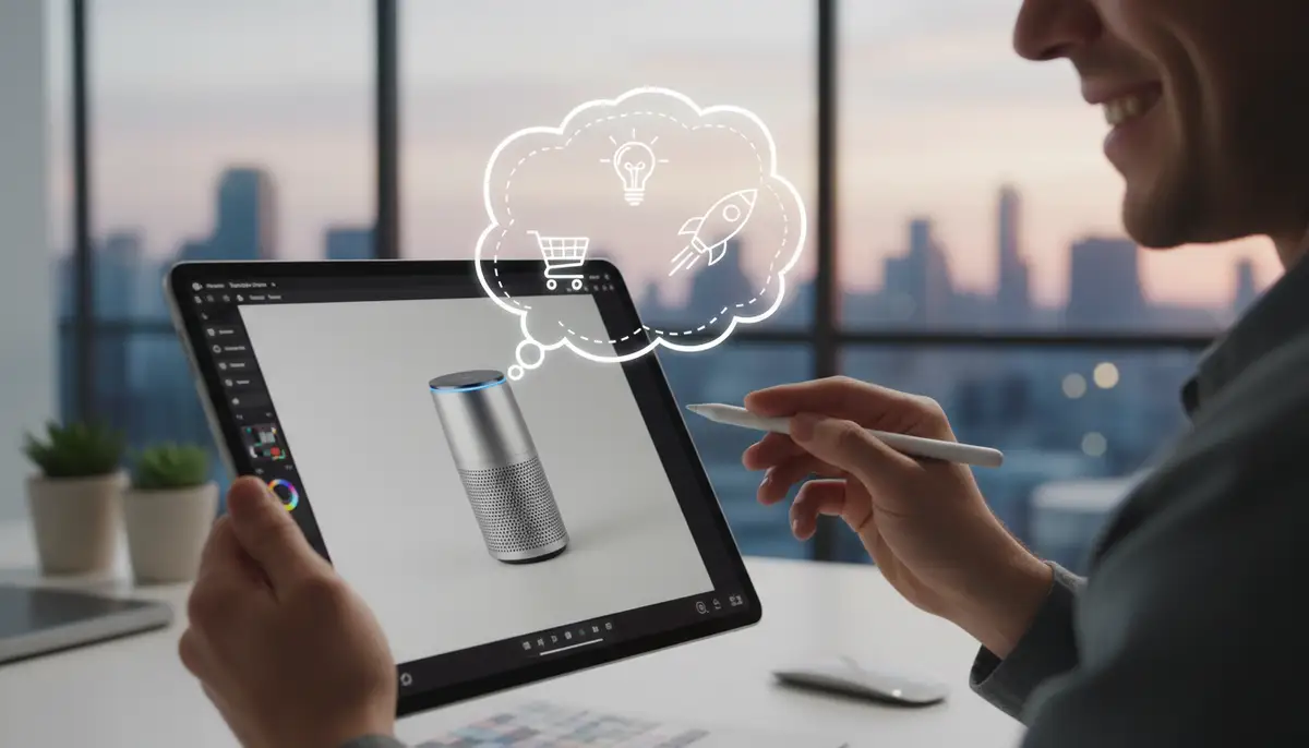 A creative professional using a tablet to add a thought bubble to a product photo, illustrating marketing potential, sleek design., high-quality photography, professional lighting, sharp focus, realistic, detailed