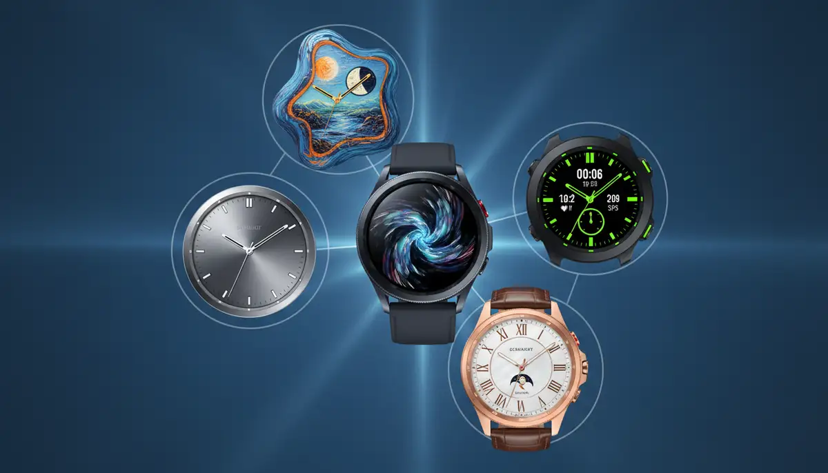 A creative render of different watch face styles (minimalist, sporty, elegant, artistic) arranged around a central Galaxy Watch, highlighting diversity., high-quality photography, professional lighting, sharp focus, realistic, detailed
