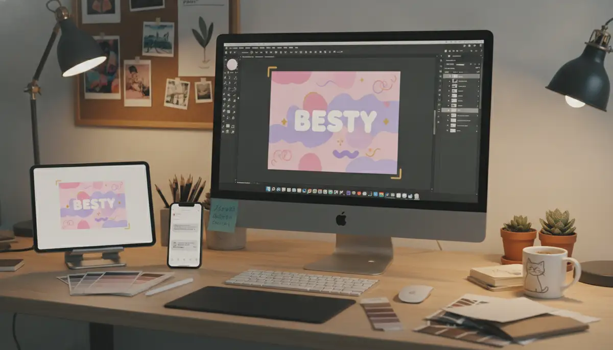 A creative workspace with a desktop computer showing a 'besty wallpaper' design in progress using graphic design software, alongside a tablet and a phone., high-quality photography, professional lighting, sharp focus, realistic, detailed