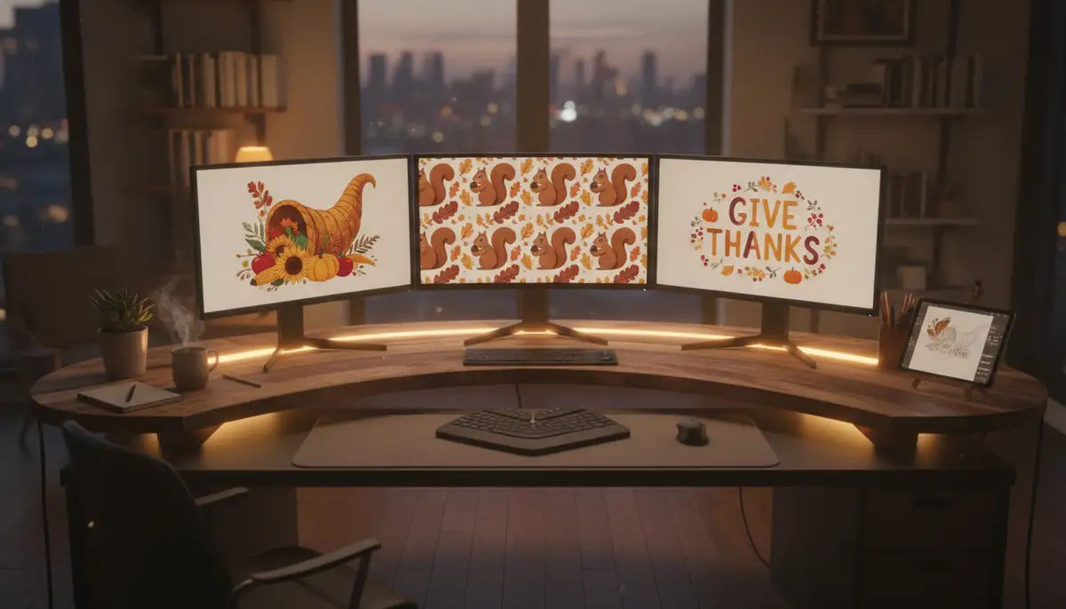 A creative workspace with multiple monitors, each featuring a different cute Thanksgiving wallpaper background, such as a pattern of acorn and squirrel motifs, a cornucopia design, and a festive typography piece., high-quality photography, professional lighting, sharp focus, realistic, detailed