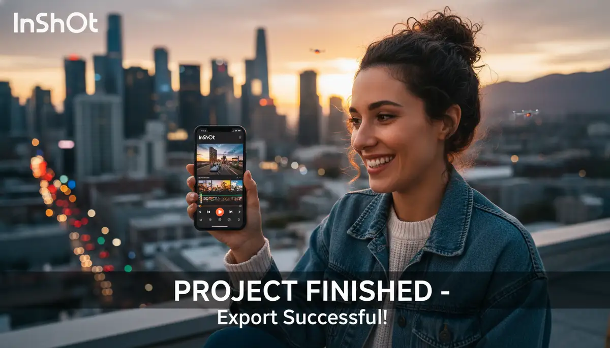 A creator happily reviewing a finished video project on their phone, having used the InShot video editing app, with a background of a bustling city or a scenic landscape, implying professional results from mobile editing., high-quality photography, professional lighting, sharp focus, realistic, detailed