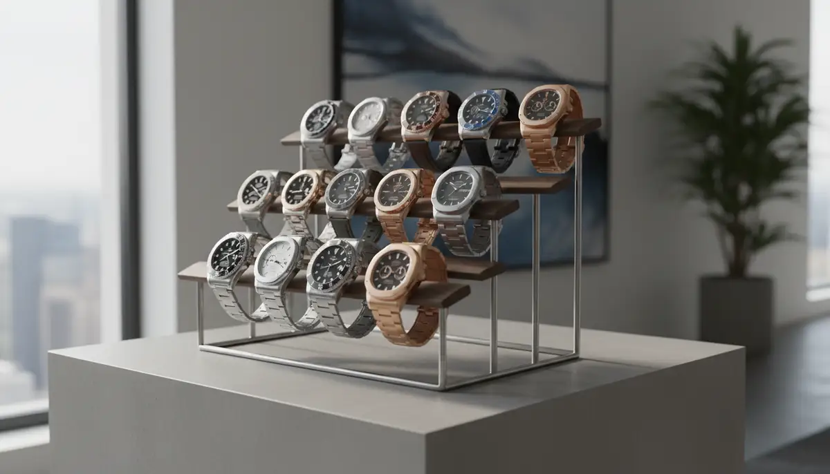 A curated collection of various replica watches, including different brands and styles, displayed elegantly on a watch stand in a modern setting., high-quality photography, professional lighting, sharp focus, realistic, detailed